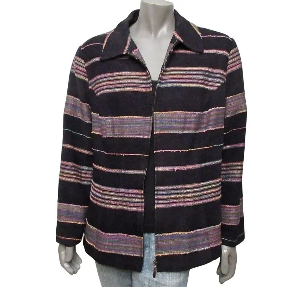 Sag Harbor Womens  Jacket Blazer Black Pink Striped Full Zip 16W